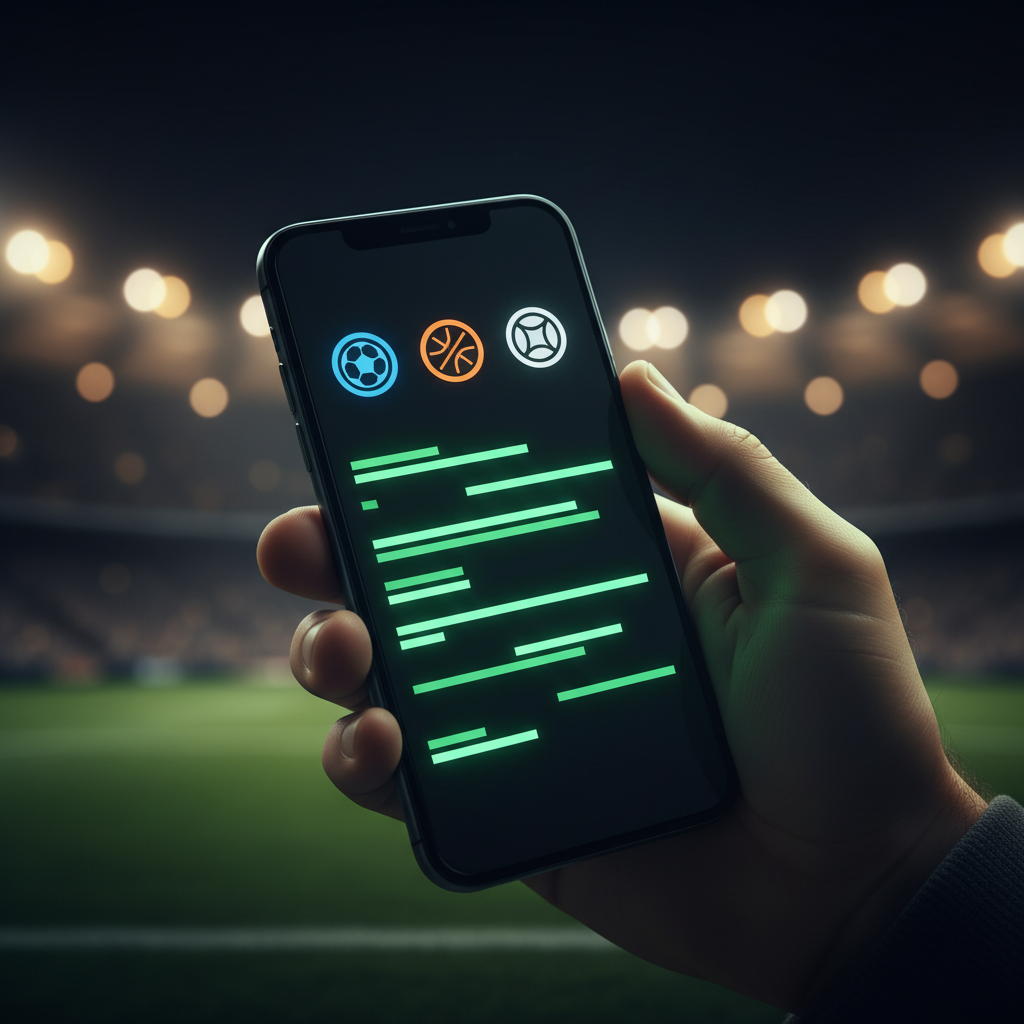 Smartphone con app scommesse sportive su sfondo stadio