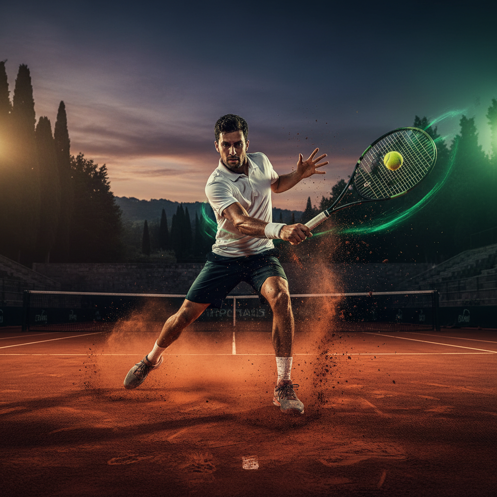 Tennista in azione durante un match su campo in terra battuta